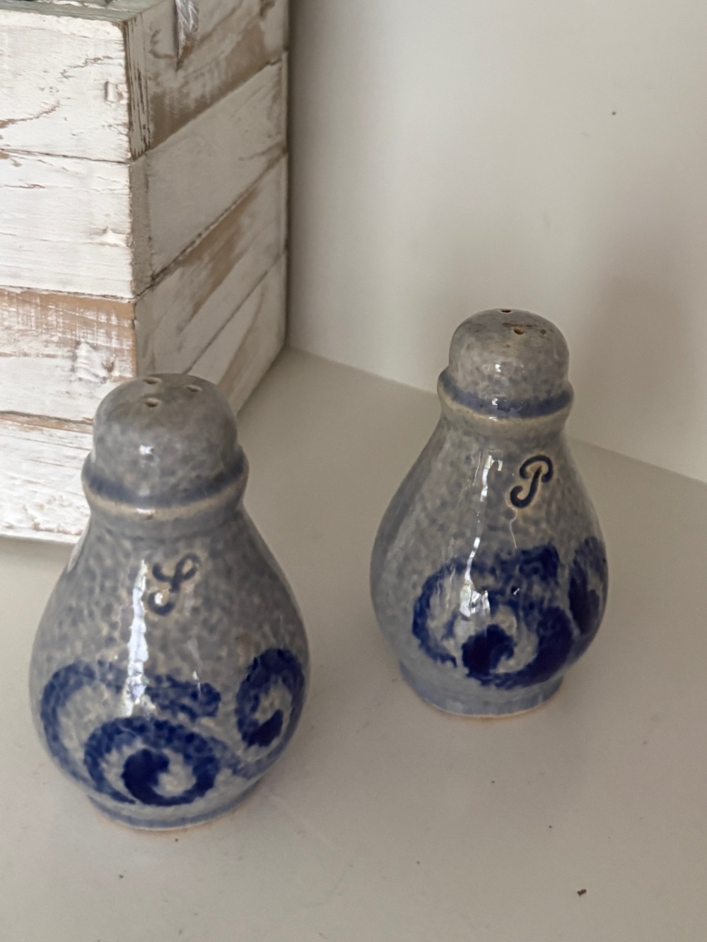 Vintage Blue Gray Pottery Salt & Pepper Shakers Hand Painted Cottage Decor